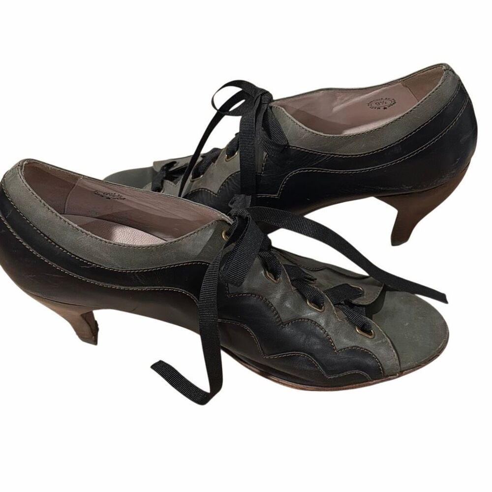 John Fluevog Teapot Yunnan Heels Black Olive Green Ribbon Lace Up Women’s 9.5 - Picture 5 of 16
